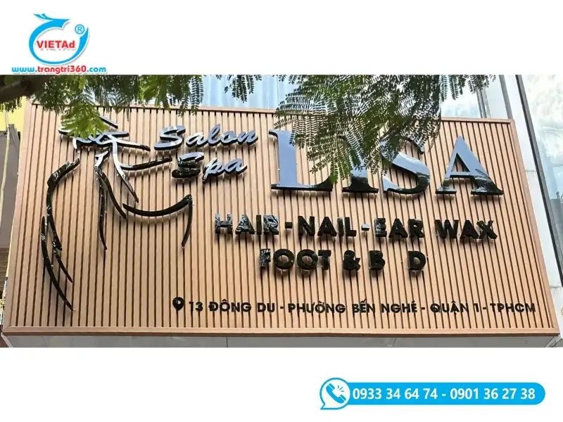 Bảng hiệu nền thanh lam nhôm giả gỗ kết hợp chữ nổi thương hiệu
